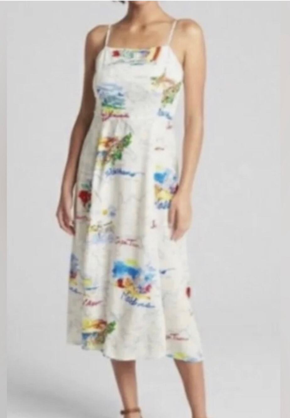 GAP Medium 100% Rayon Travel Print Midi Slip Dress Map Coastal Vacation